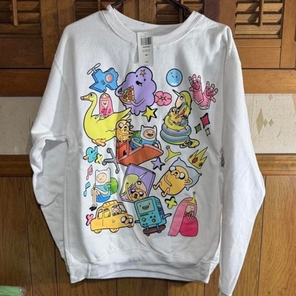 Adventure Time Cartoon Network White Collage Crewneck Sweatshirt Size XL  NEW